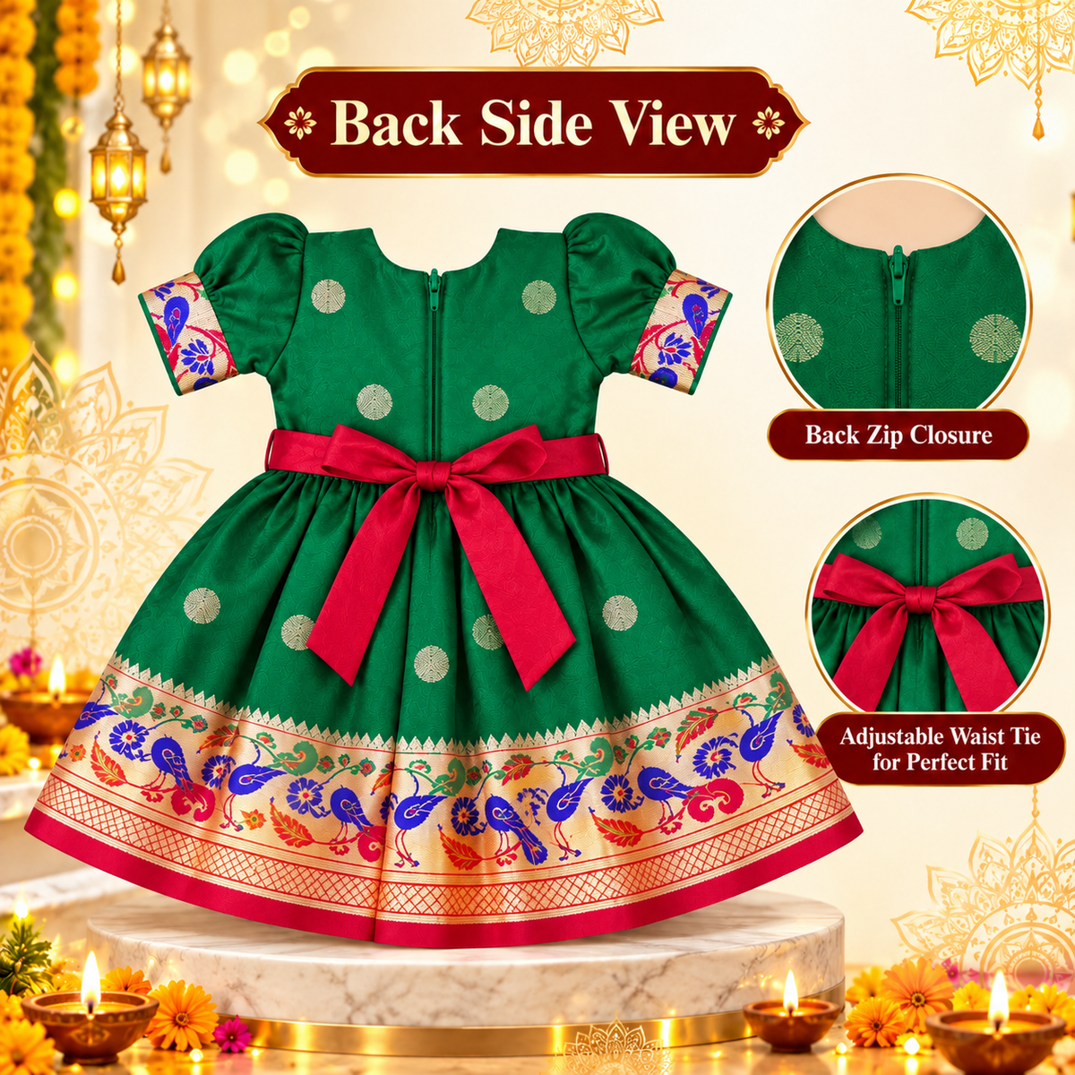Girls Green Paithani Frock Dress | Traditional Indian Ethnic Wear | Wedding & Festive Special