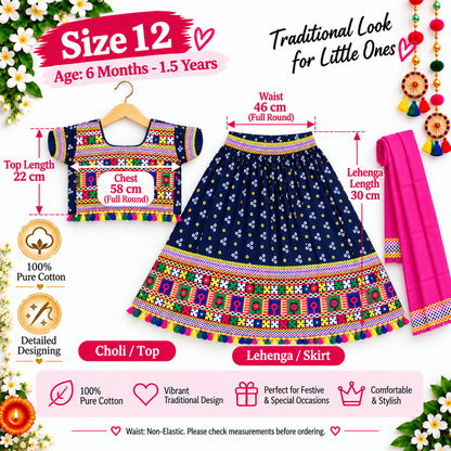Girls Navy Blue Pure Cotton Ghagra Choli Set with Pink Dupatta – Traditional Navratri Lehenga