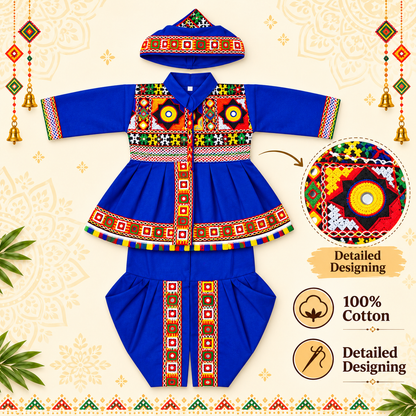 Premium Boys Royal Blue Traditional Kutchi Embroidered Dhoti Kurta Set with Cap – 100% Cotton