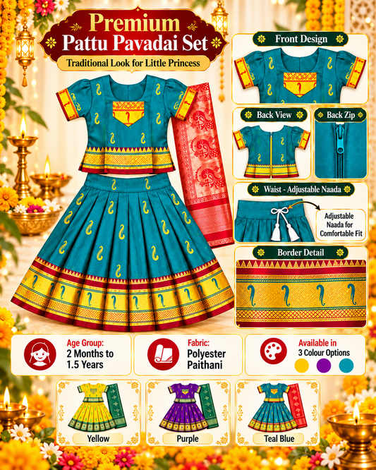 Girls Peacock Blue Designer Pattu Pavadai with Golden Border & Dupatta | Traditional Indian Wedding & Party Wear