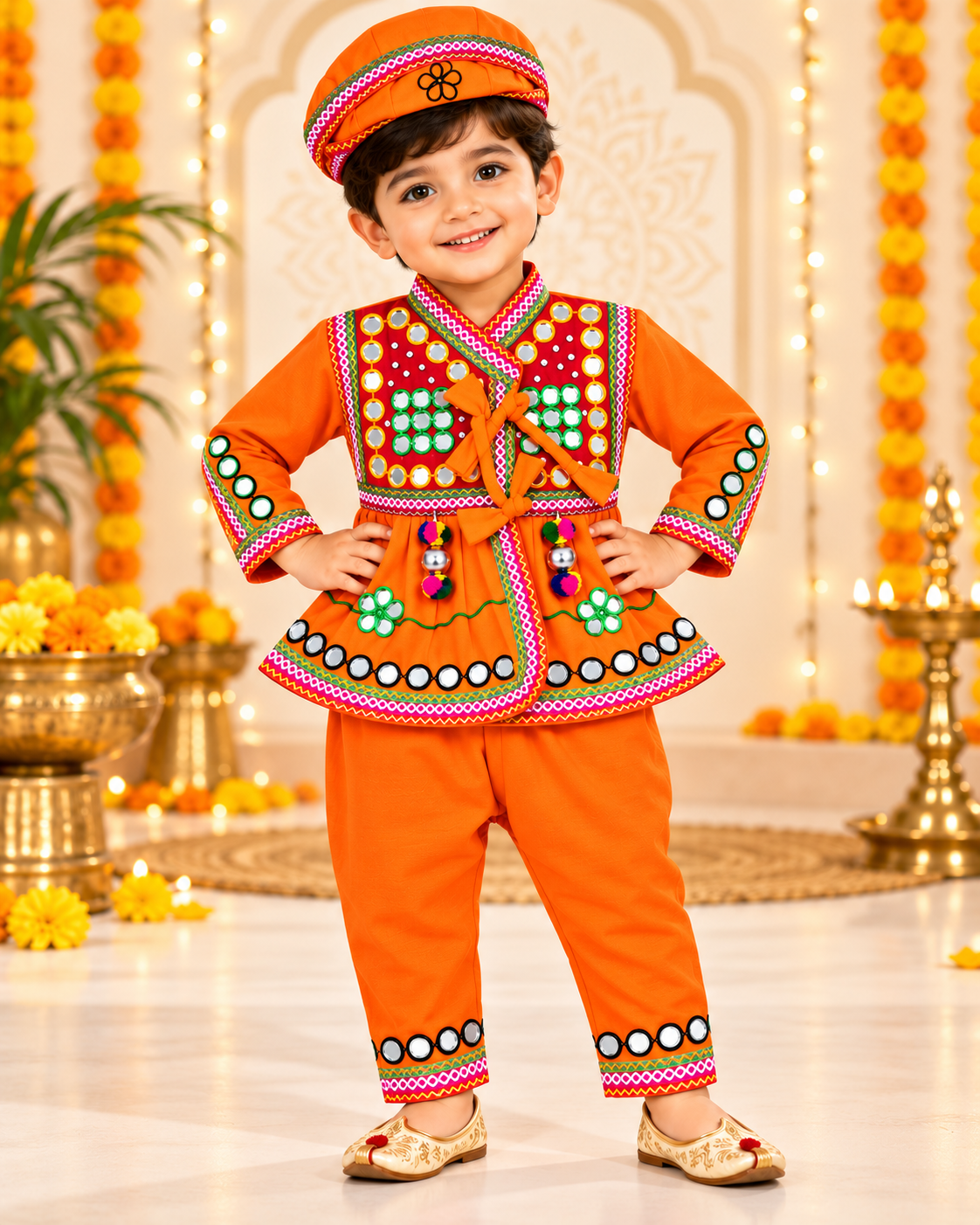 Boys Traditional Kutchi Mirror Work Kurta Pant Set with Cap – 100% Cotton