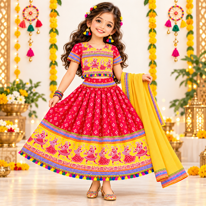 Girls Red & Yellow Pure Cotton Garba Lehenga Choli Set with Yellow Dupatta