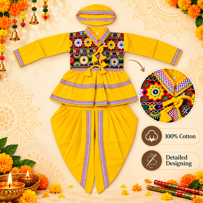 Boys Yellow Layered Peplum Embroidered Dhoti Set with Matching Cap – 100% Cotton