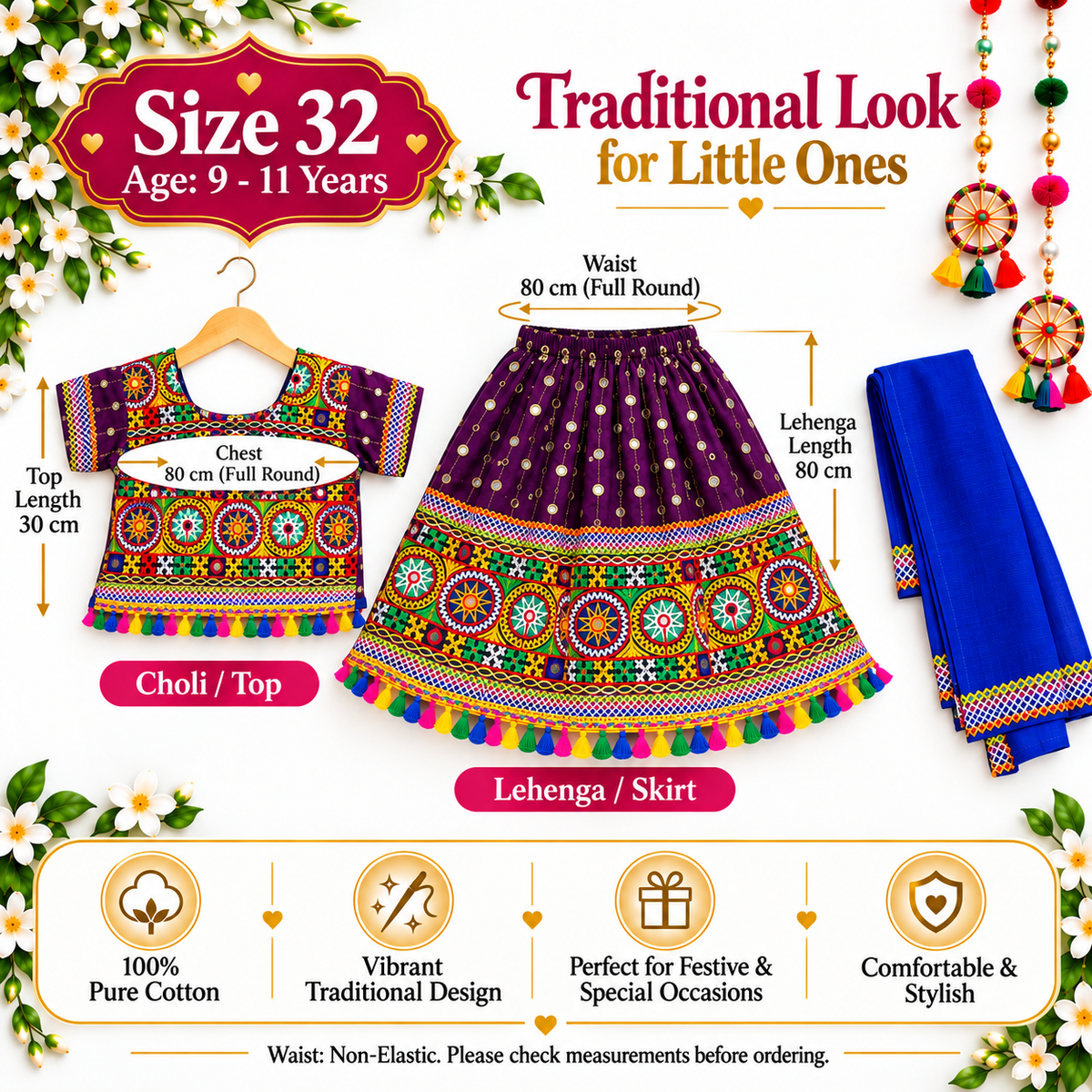 Girls Purple Traditional Lehenga Choli Set with Royal Blue Dupatta – 100% Pure Cotton Festive Wear