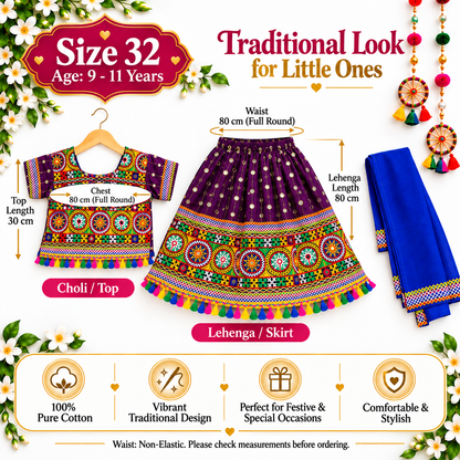Girls Purple Traditional Lehenga Choli Set with Royal Blue Dupatta – 100% Pure Cotton Festive Wear