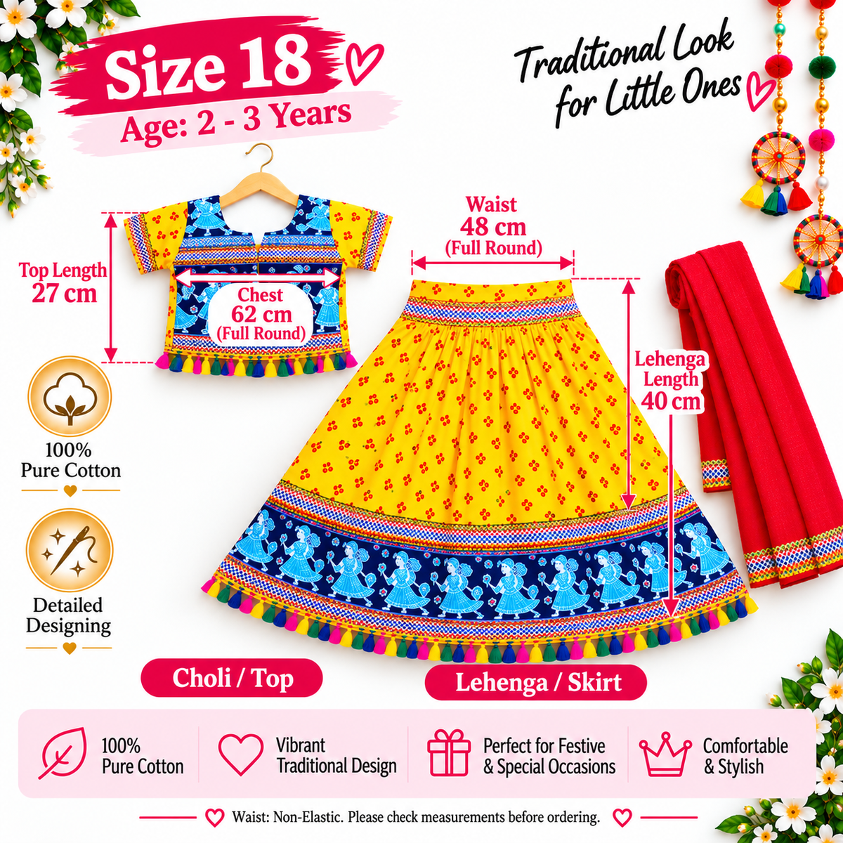 Girls Yellow & Blue Pure Cotton Garba Lehenga Choli Set with Red Dupatta
