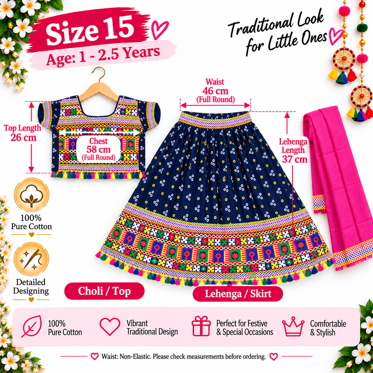 Girls Navy Blue Pure Cotton Ghagra Choli Set with Pink Dupatta – Traditional Navratri Lehenga