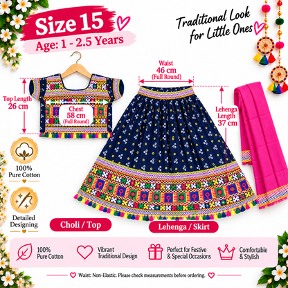 Girls Navy Blue Pure Cotton Ghagra Choli Set with Pink Dupatta – Traditional Navratri Lehenga