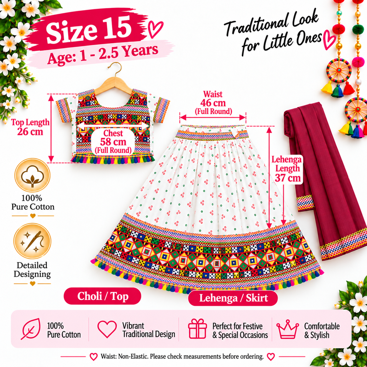 Girls White Pure Cotton Ghagra Choli Set with Maroon Dupatta – Traditional Navratri Lehenga