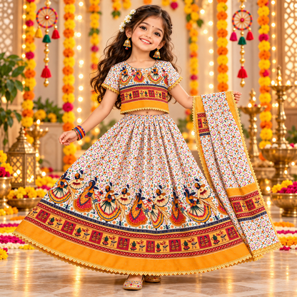 Kesari Orange Folk Dance Print Navratri Lehenga Choli Set for Girls