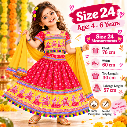 Girls Red & Yellow Pure Cotton Garba Lehenga Choli Set with Yellow Dupatta