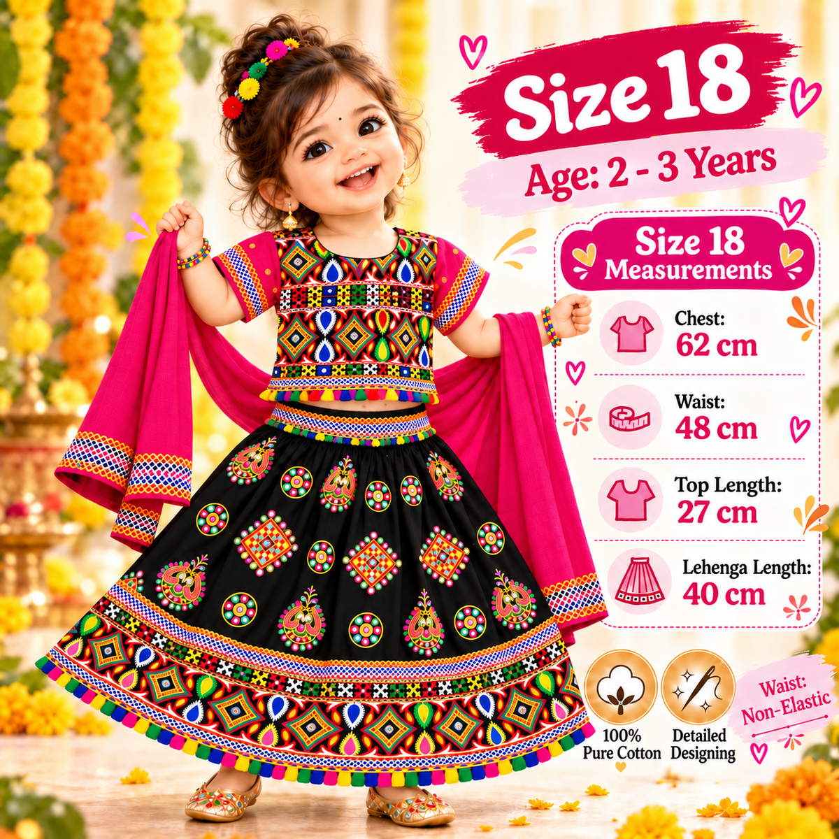 Girls Black Multicolor Pure Cotton Garba Lehenga Choli Set with Pink Dupatta