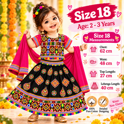 Girls Black Multicolor Pure Cotton Garba Lehenga Choli Set with Pink Dupatta