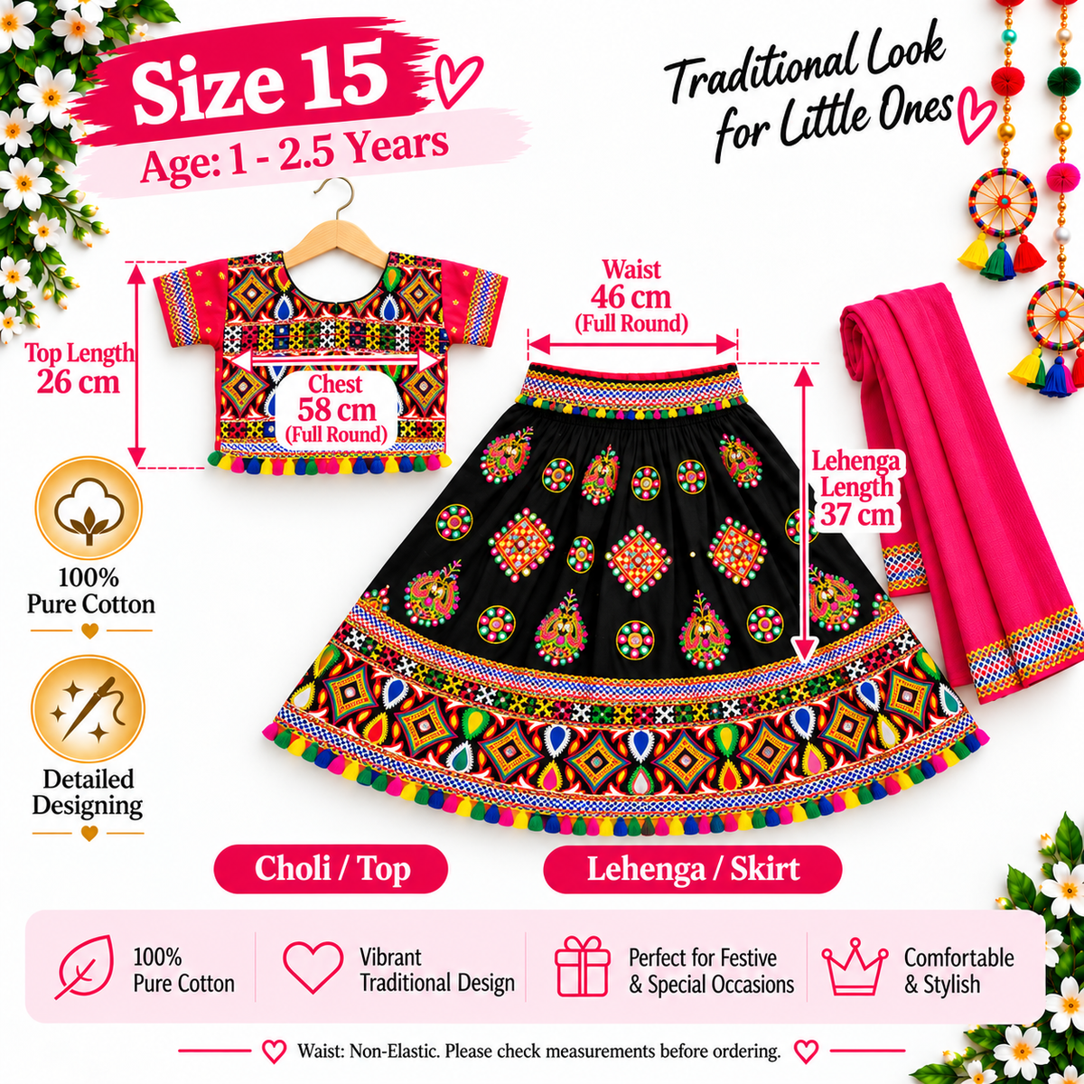 Girls Black Multicolor Pure Cotton Garba Lehenga Choli Set with Pink Dupatta