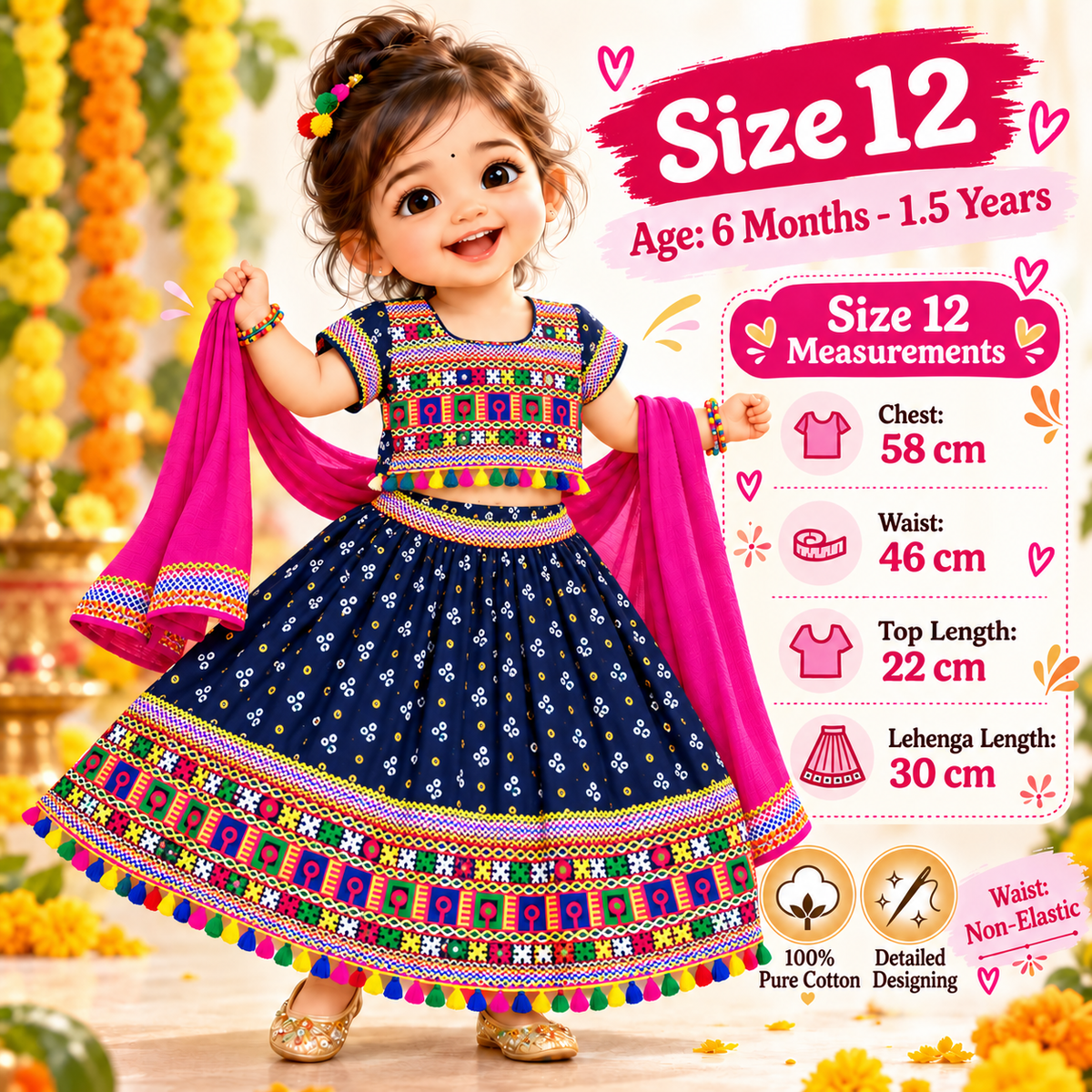 Girls Navy Blue Pure Cotton Ghagra Choli Set with Pink Dupatta – Traditional Navratri Lehenga