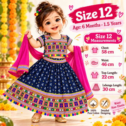 Girls Navy Blue Pure Cotton Ghagra Choli Set with Pink Dupatta – Traditional Navratri Lehenga