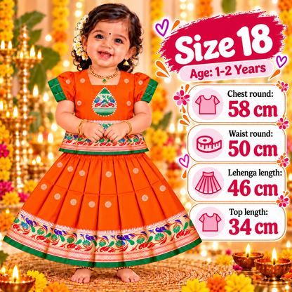 Girls Orange Peacock Design Pattu Pavadai Lehenga Set | Traditional Indian Festive & Wedding Wear