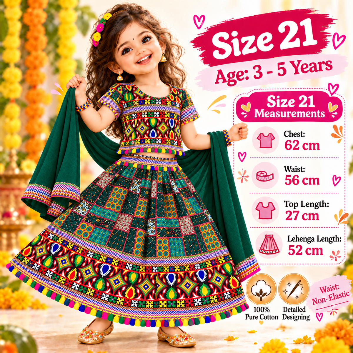 Girls Dark Green Multicolor Pure Cotton Patchwork Lehenga Choli Set with Green Dupatta