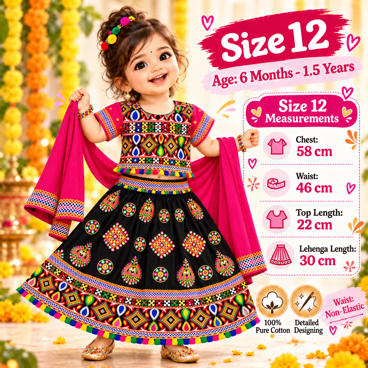 Girls Black Multicolor Pure Cotton Garba Lehenga Choli Set with Pink Dupatta
