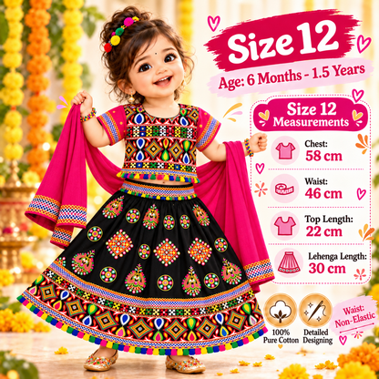 Girls Black Multicolor Pure Cotton Garba Lehenga Choli Set with Pink Dupatta