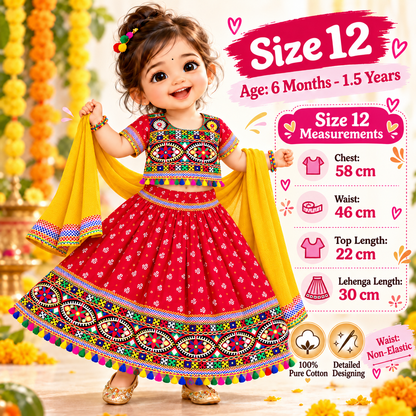 Girls Red Pure Cotton Ghagra Choli Set with Yellow Dupatta – Traditional Navratri Lehenga