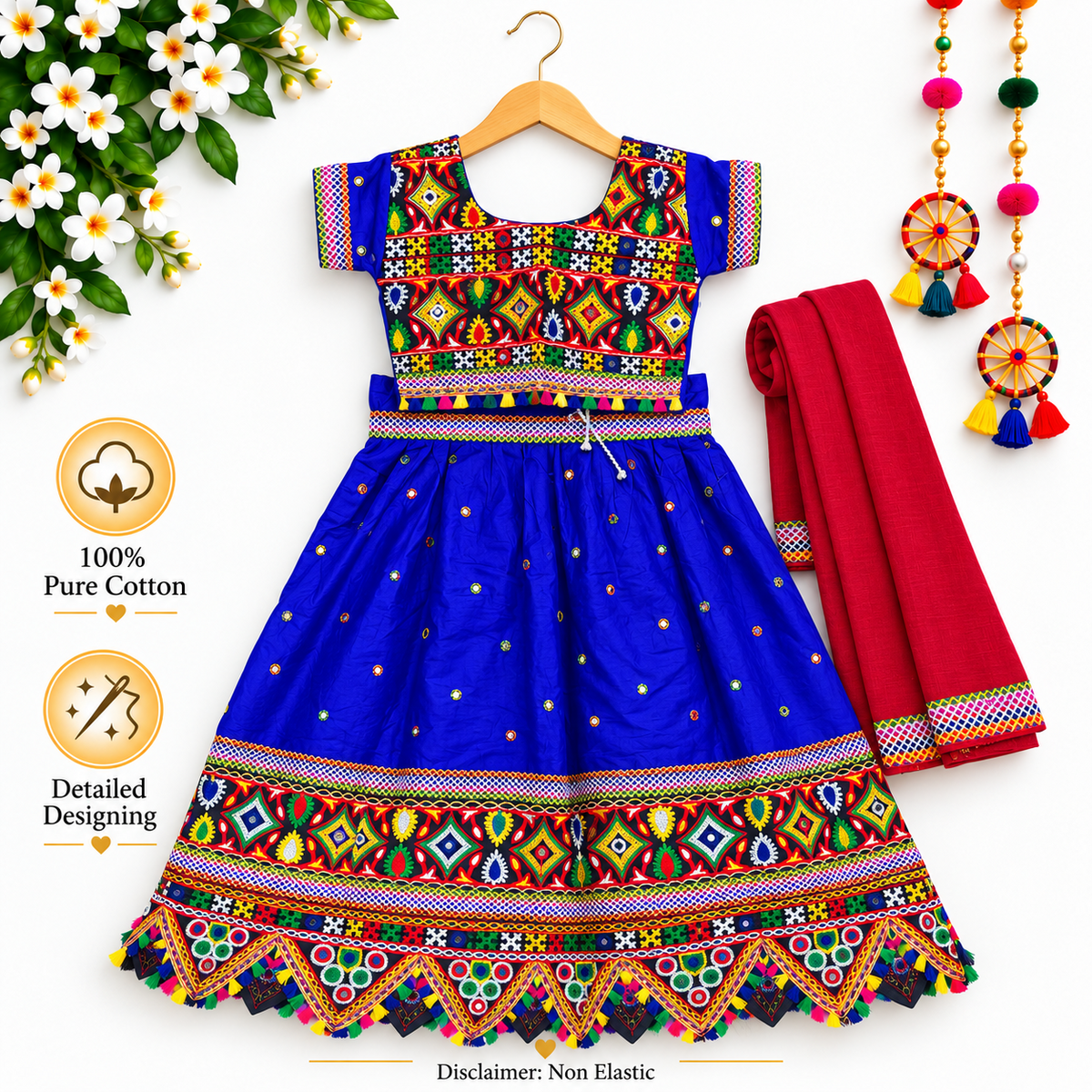 Girls Royal Blue Multicolor Pure Cotton Garba Lehenga Choli Set with Red Dupatta