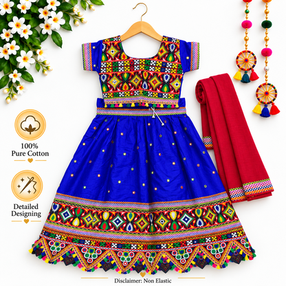 Girls Royal Blue Multicolor Pure Cotton Garba Lehenga Choli Set with Red Dupatta