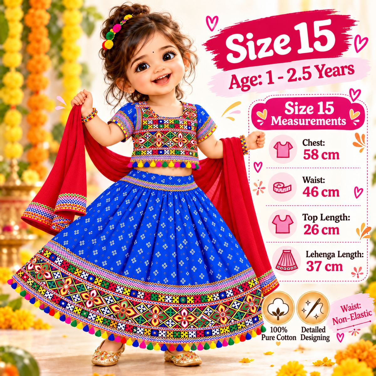 Girls Royal Blue Pure Cotton Ghagra Choli Set with Red Dupatta – Traditional Navratri Lehenga