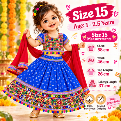 Girls Royal Blue Pure Cotton Ghagra Choli Set with Red Dupatta – Traditional Navratri Lehenga
