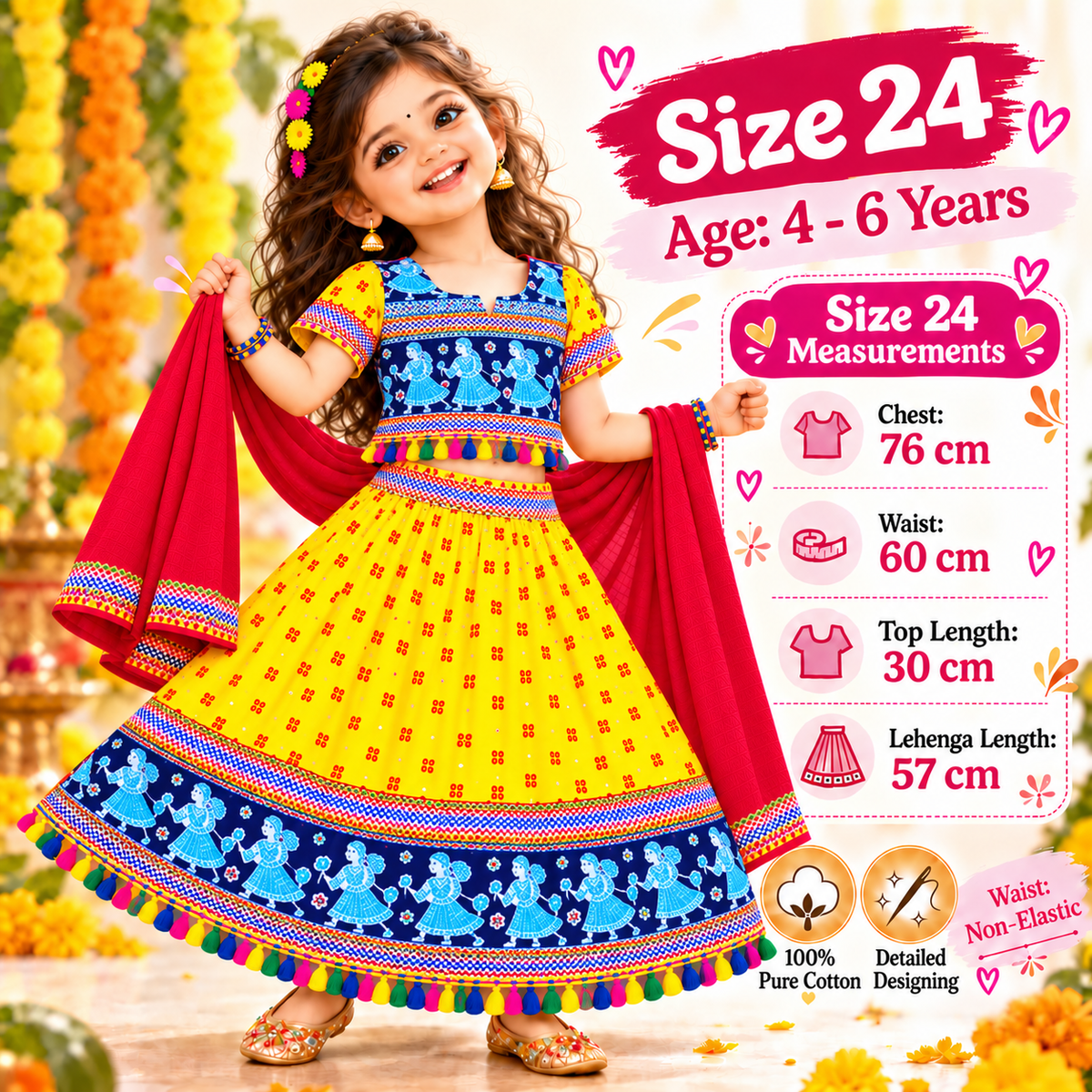 Girls Yellow & Blue Pure Cotton Garba Lehenga Choli Set with Red Dupatta