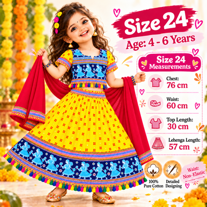 Girls Yellow & Blue Pure Cotton Garba Lehenga Choli Set with Red Dupatta