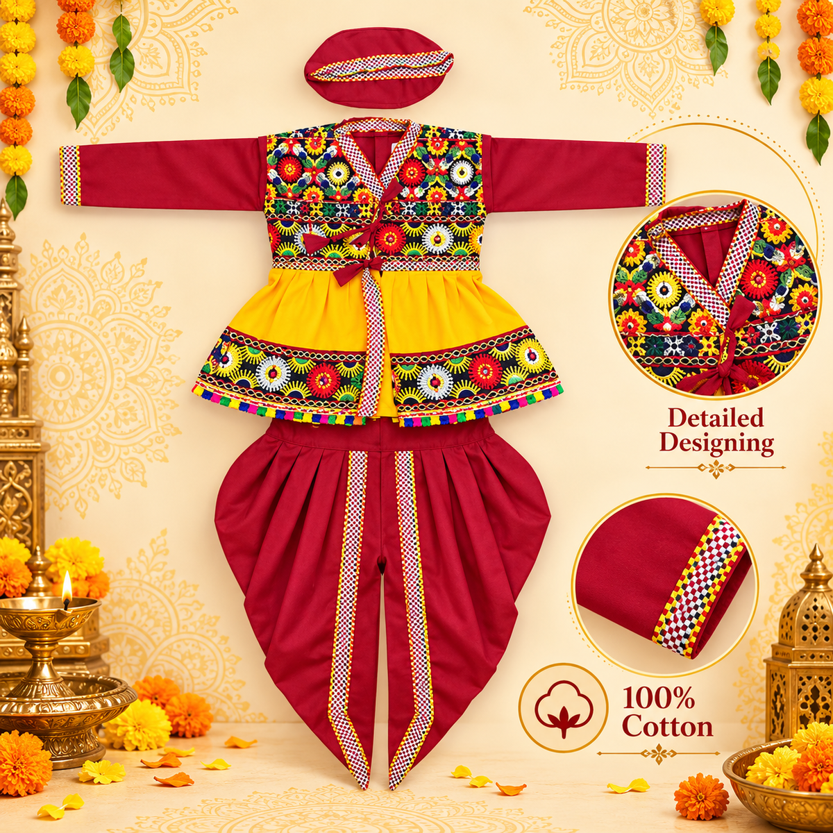 Premium Boys Festive Maroon Embroidered Jacket Dhoti Set with Matching Cap – 100% Cotton