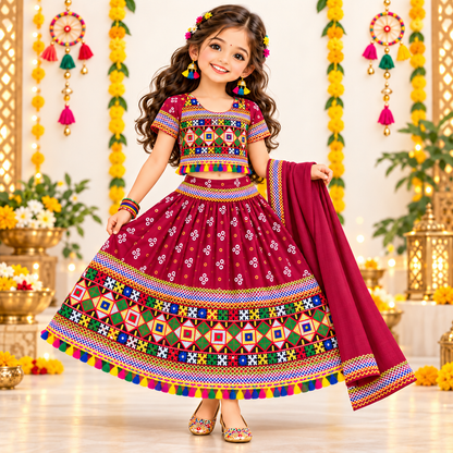 Girls Maroon Pure Cotton Ghagra Choli Set with Matching Dupatta – Traditional Navratri Lehenga