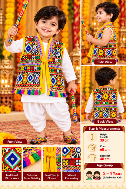 Kids Navratri Kutch Embroidered Jacket | Multicolour Traditional Mirror Work & Tassel Jacket | 1-2 Years