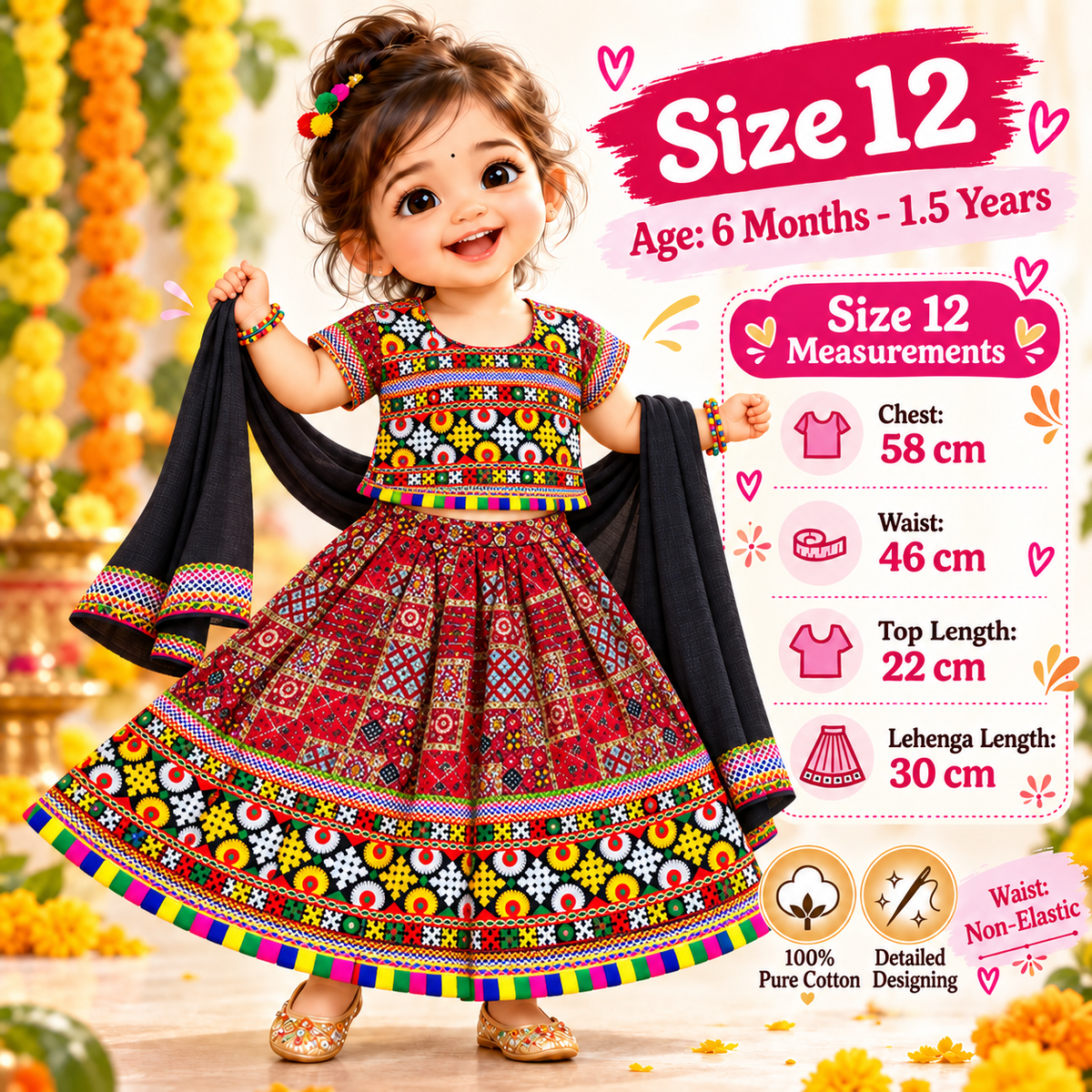 Girls Maroon Multicolor Pure Cotton Patchwork Lehenga Choli Set with Black Dupatta