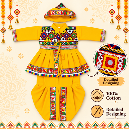 Premium Boys Traditional Yellow Kutchi Embroidered Dhoti Kurta Set with Cap – 100% Cotton