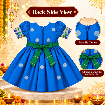 Girls Blue Designer Paithani Frock with Peacock Pattern | Baby Girls Traditional Festive Wear