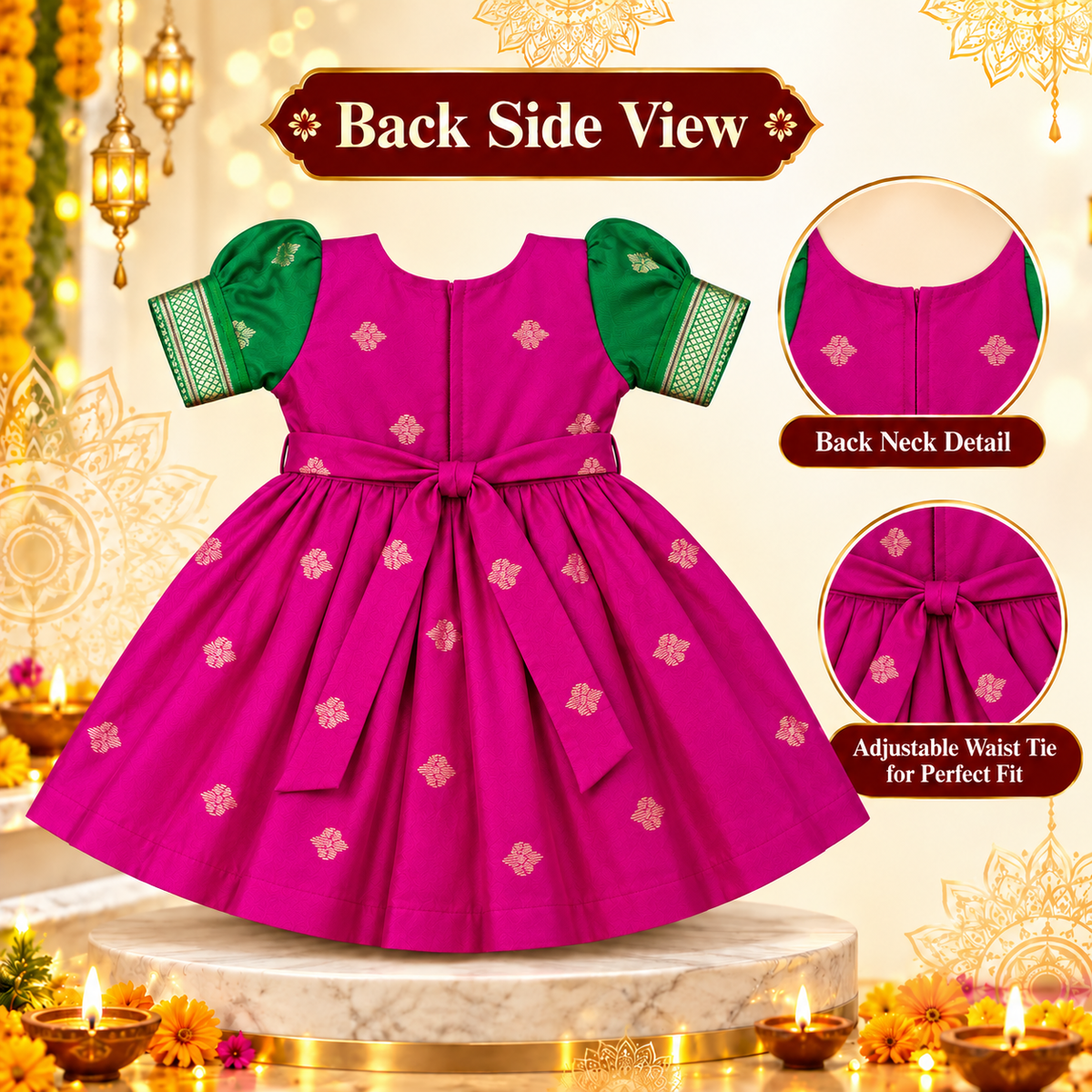 Girls Rani Pink & Green Royal Brocade Paithani Frock | Golden Border Ethnic Party Dress
