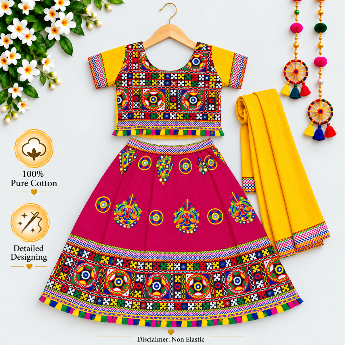 Premium Girls Rani Pink  Pure Cotton Garba Lehenga Choli Set with Yellow Dupatta