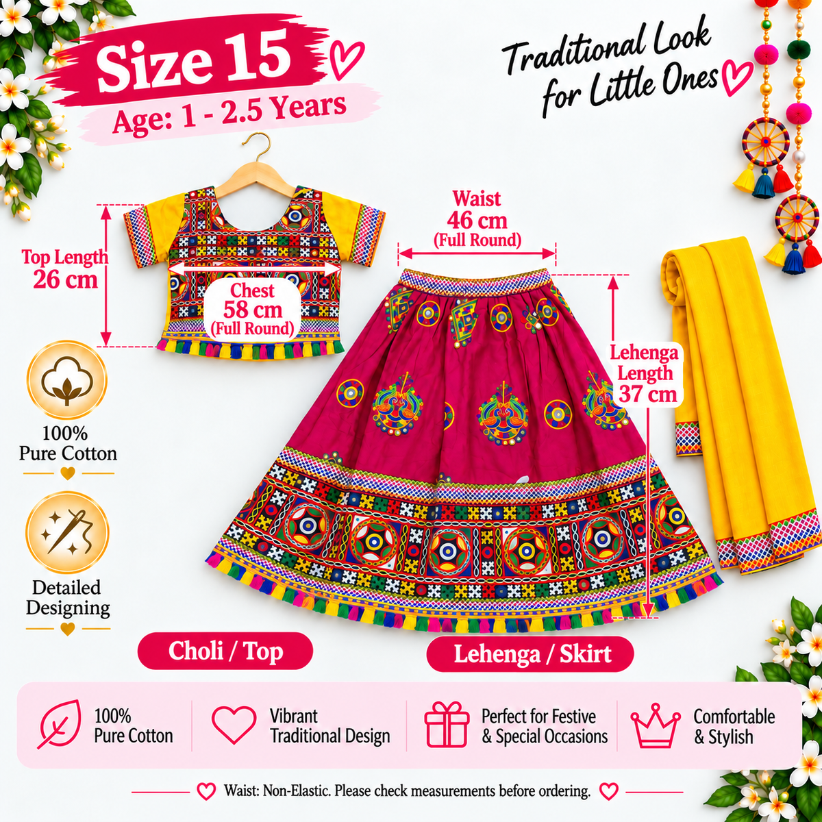 Premium Girls Rani Pink  Pure Cotton Garba Lehenga Choli Set with Yellow Dupatta