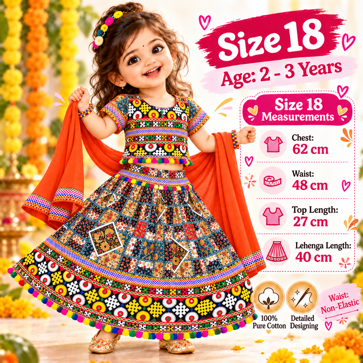 Girls Multicolor Patchwork Pure Cotton Lehenga Choli Set with Orange Dupatta