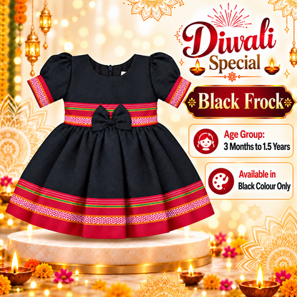Girls Black Designer Ethnic Frock with Red Traditional Border & Bow | Baby Girls Diwali & Party Wear