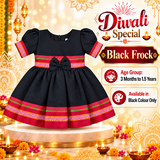 Girls Black Designer Ethnic Frock with Red Traditional Border & Bow | Baby Girls Diwali & Party Wear