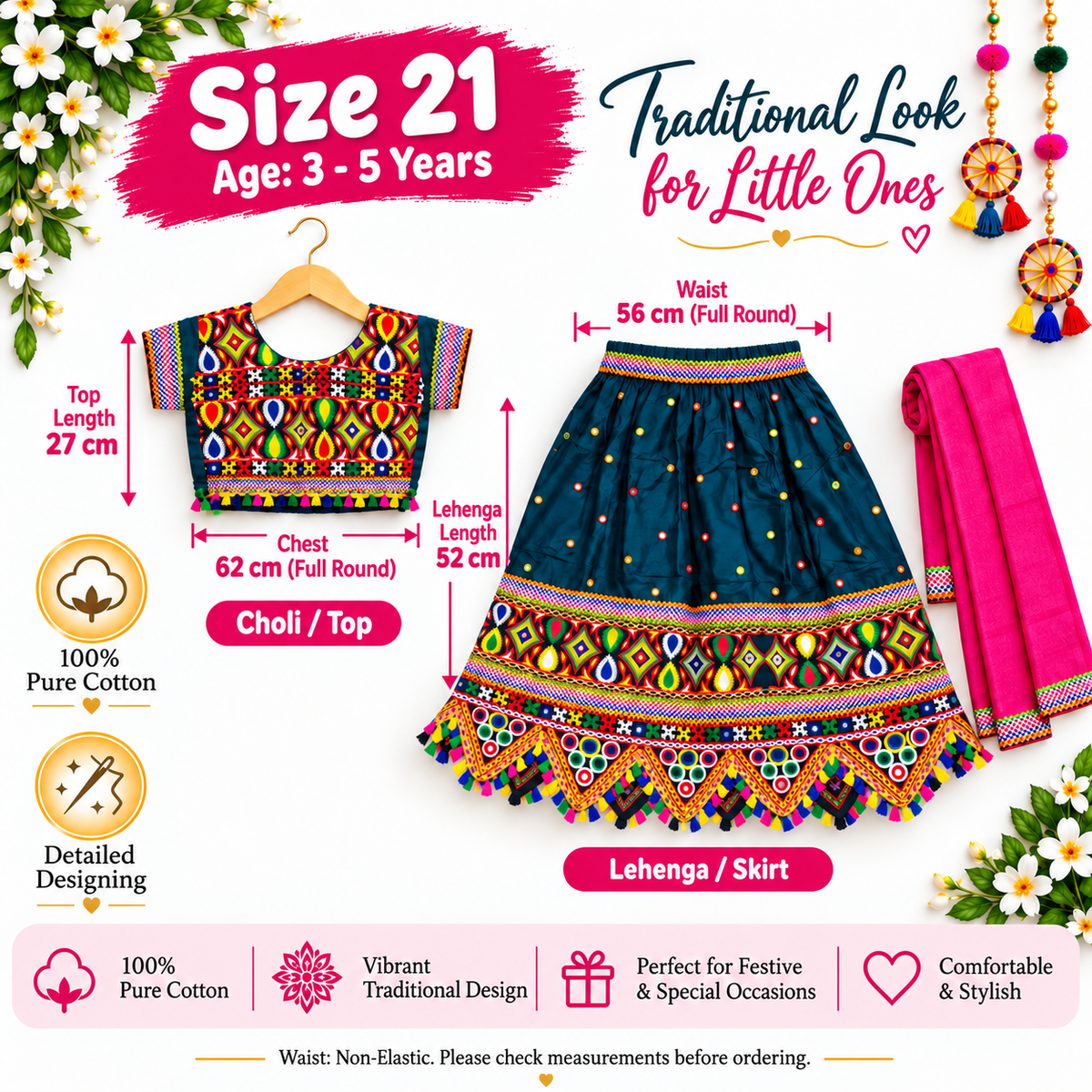 Girls Teal Blue Multicolor Pure Cotton Garba Lehenga Choli Set with Pink Dupatta