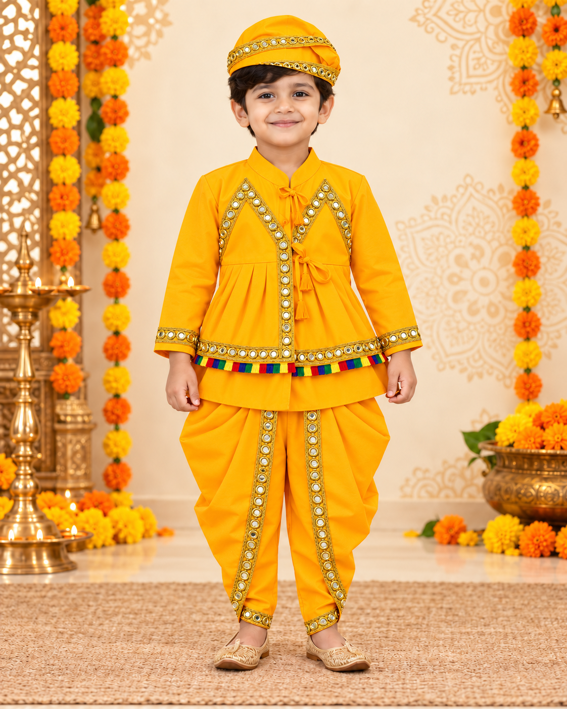 Boys Mustard Yellow Mirror Work Peplum Dhoti Set with Matching Cap – 100% Cotton