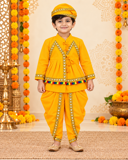 Boys Mustard Yellow Mirror Work Peplum Dhoti Set with Matching Cap – 100% Cotton