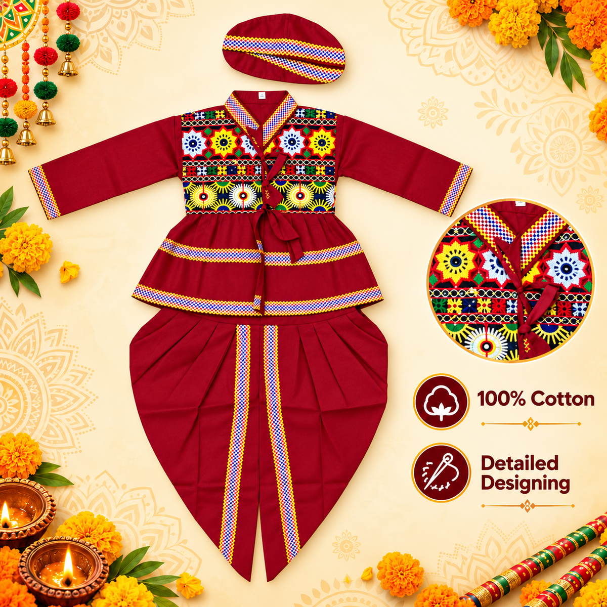 Boys Layered Peplum Maroon Embroidered Dhoti Set with Matching Cap – 100% Cotton