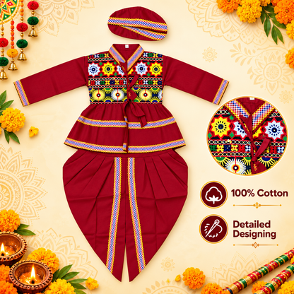 Boys Layered Peplum Maroon Embroidered Dhoti Set with Matching Cap – 100% Cotton