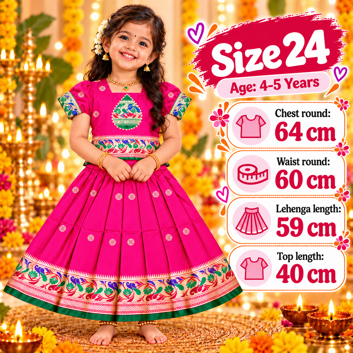 Girls Rani Pink Designer Pattu Pavadai Skirt & Top Set | Peacock Border Ethnic Party Wear
