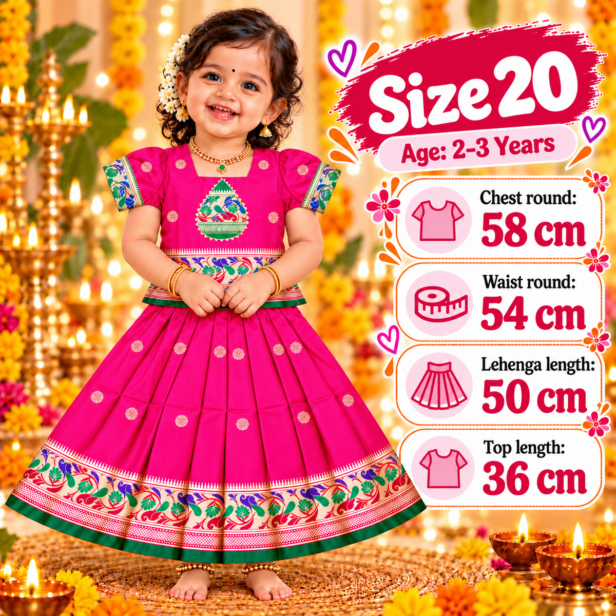 Girls Rani Pink Designer Pattu Pavadai Skirt & Top Set | Peacock Border Ethnic Party Wear